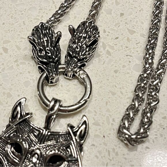 Zinc Alloy Viking Style Wolf Head Pendant Necklace, Retro Amulet Jewelry - Picture 12 of 14